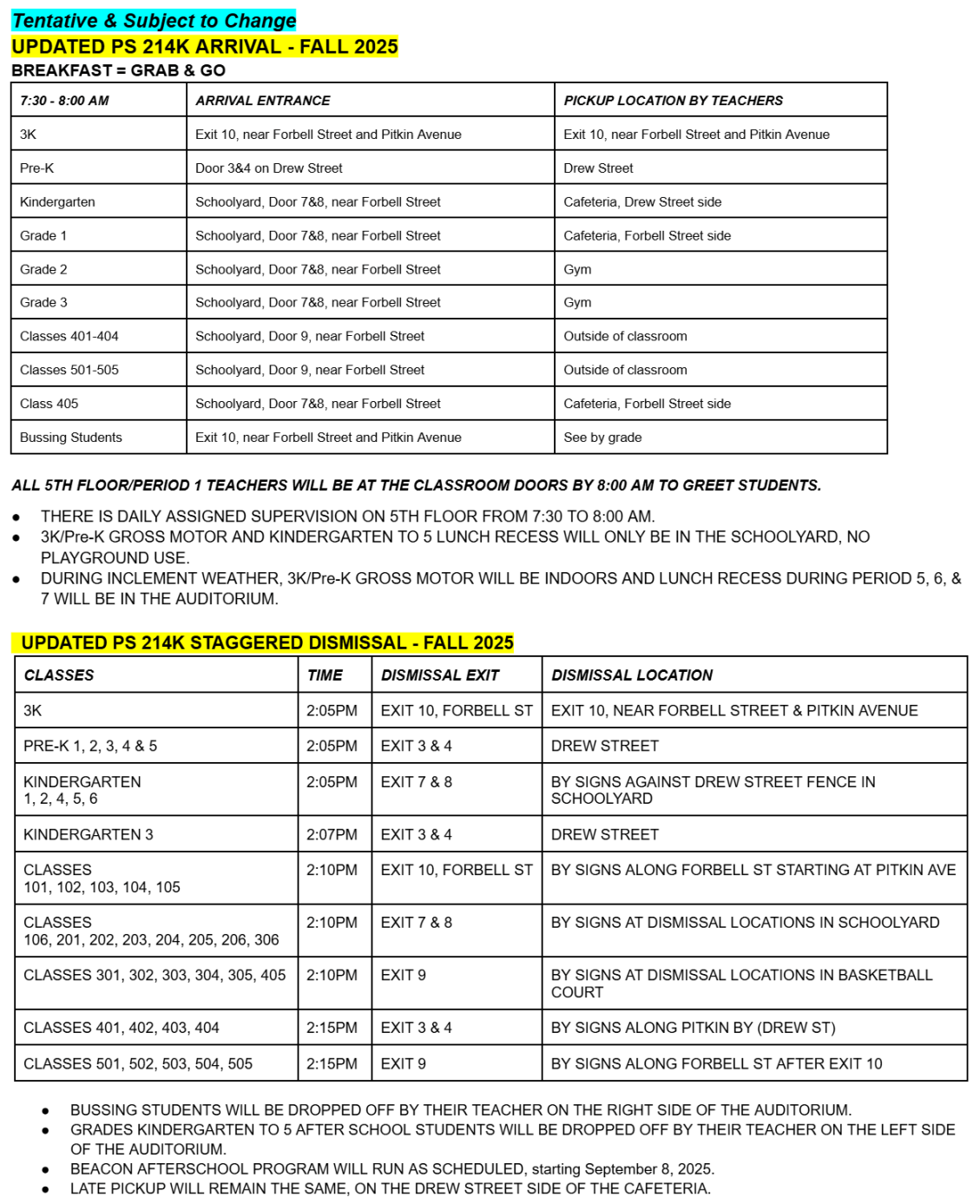 PS214K Arrival and Dismissal Schedule