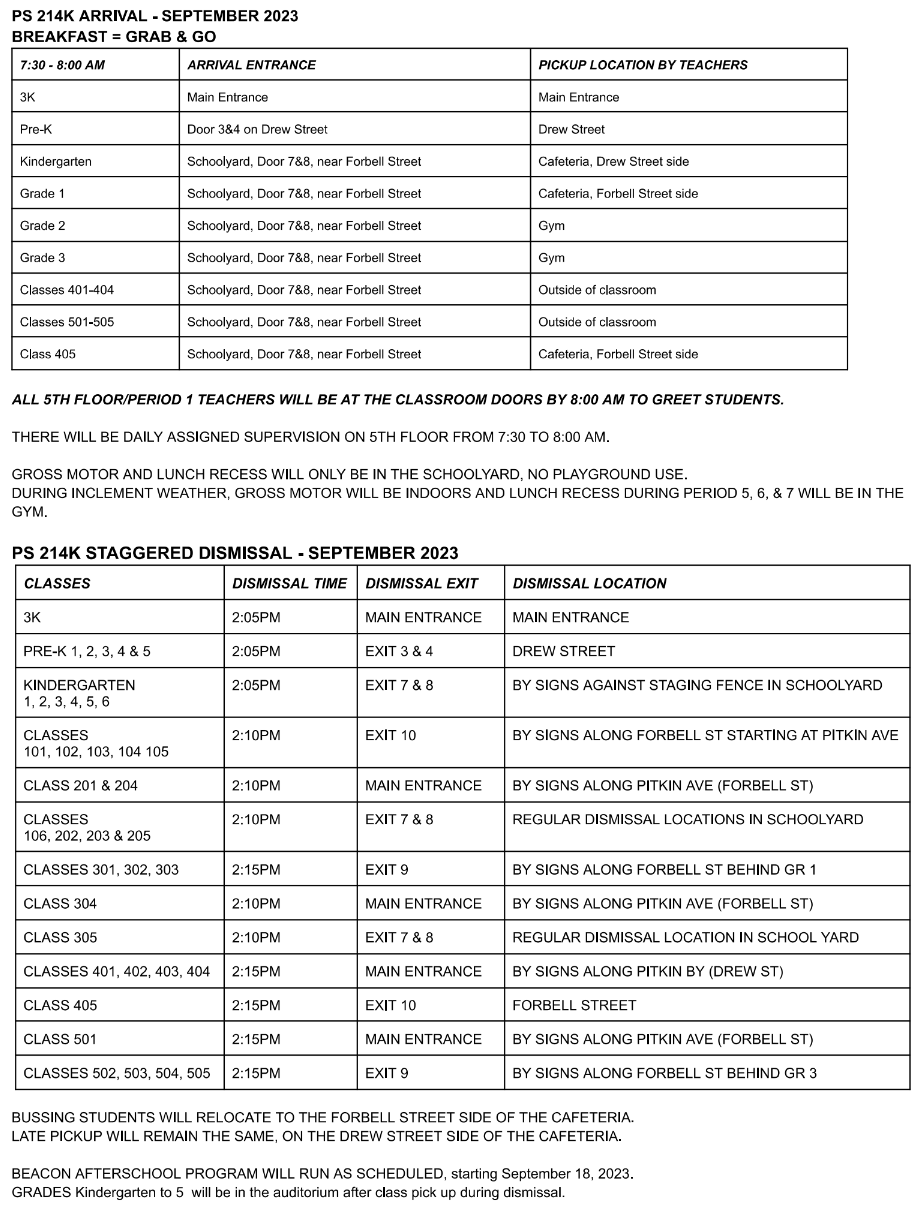 ARRIVAL AND DISMISSAL SCHEDULE