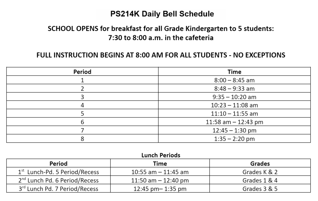 PS214K Daily Bell Schedule